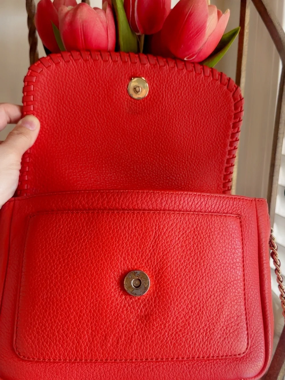 Tory Burch Red Pebbled Leather Whipstitch Crossbody